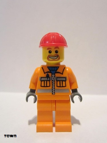 lego 2008 mini figurine cty0111 Construction Worker Orange Zipper, Safety Stripes, Orange Arms, Orange Legs, Red Construction Helmet, Beard around Mouth 