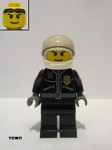 lego 2008 mini figurine cty0131 Police City Leather Jacket with Gold Badge, White Helmet, Trans-Black Visor, Wide Smile 