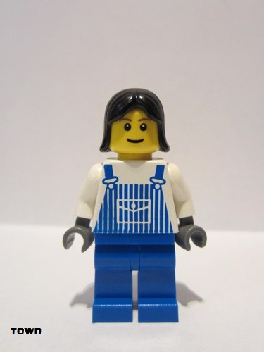 lego 2008 mini figurine ovr033 Citizen Overalls Striped Blue with Pocket, Blue Legs, Black Female Hair 