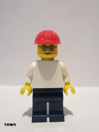 lego 2008 mini figurine pln155 Citizen Plain White Torso with White Arms, Dark Blue Legs, Red Construction Helmet, Glasses 
