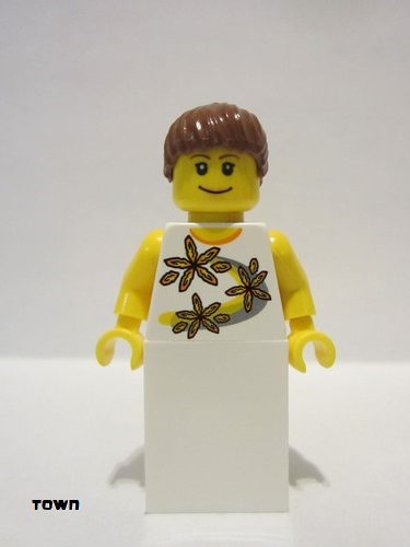 lego 2008 mini figurine twn065 Citizen Yellow Flowers - Reddish Brown Ponytail Hair, White Skirt 