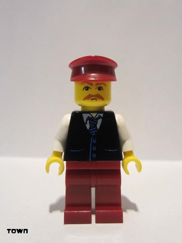 lego 2008 mini figurine twn068 Citizen Black Vest with Blue Striped Tie, Dark Red Legs, White Arms, Dark Red Hat, Moustache 
