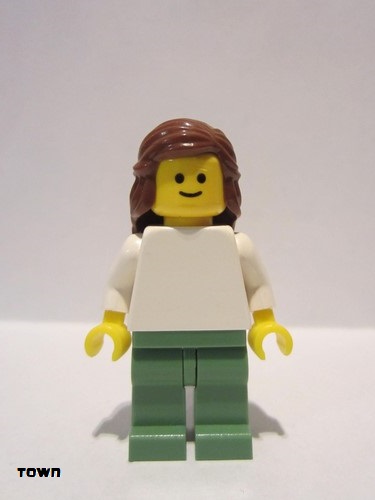 lego 2008 mini figurine twn073 Citizen Plain White Torso with White Arms, Sand Green Legs, Reddish Brown Female Hair Mid-Length 