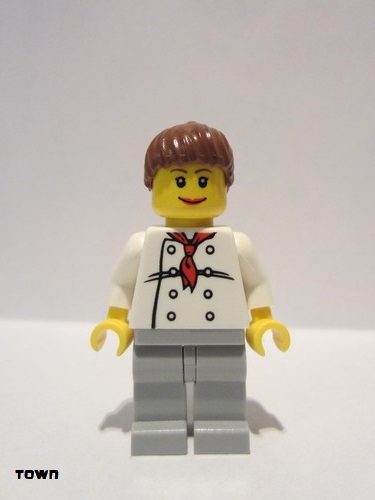 lego 2009 mini figurine chef019 Chef White Torso with 8 Buttons, Light Bluish Gray Legs, Reddish Brown Ponytail Hair, Brown Eyebrows, Female 