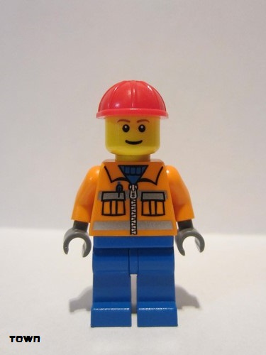 lego 2009 mini figurine cty0105 Construction Worker Orange Zipper, Safety Stripes, Orange Arms, Blue Legs, Red Construction Helmet 