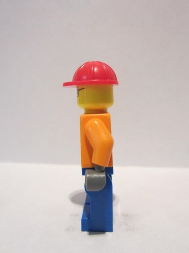 lego 2009 mini figurine cty0110 Construction Worker Orange Zipper, Safety Stripes, Orange Arms, Blue Legs, Red Construction Helmet, Brown Eyebrows, Glasses 