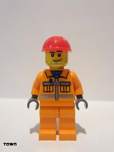 lego 2009 mini figurine cty0113 Construction Worker Orange Zipper, Safety Stripes, Orange Arms, Orange Legs, Red Construction Helmet, Smirk and Stubble Beard 