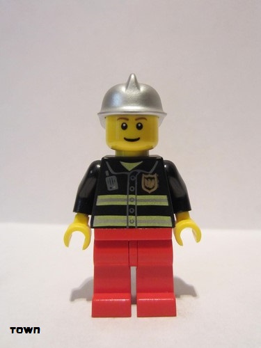 lego 2009 mini figurine cty0115 Fire Reflective Stripes, Red Legs, Silver Fire Helmet, Brown Eyebrows, Thin Grin 