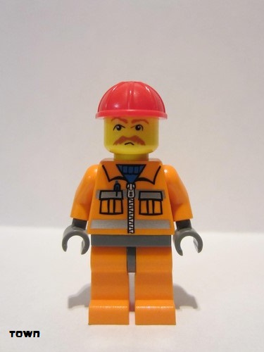 lego 2009 mini figurine cty0124 Construction Worker Orange Zipper, Safety Stripes, Orange Arms, Orange Legs, Dark Bluish Gray Hips, Red Construction Helmet, Brown Moustache 
