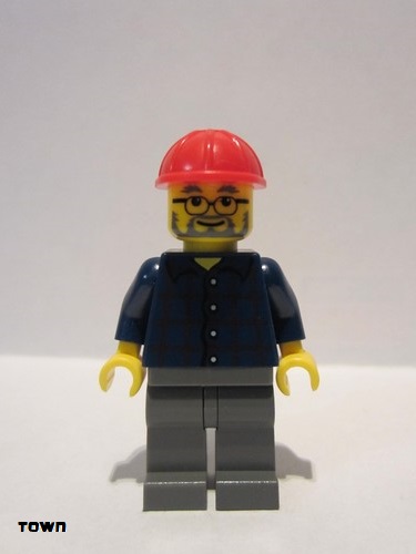 lego 2009 mini figurine cty0126 Citizen Plaid Button Shirt, Dark Bluish Gray Legs, Red Construction Helmet, Glasses, Gray Beard 