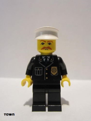 lego 2009 mini figurine cty0128 Police City Suit with Blue Tie and Badge, Black Legs, Brown Moustache, White Hat 