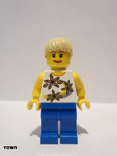lego 2009 mini figurine cty0130 Citizen Yellow Flowers - Tan Ponytail, Blue Legs 