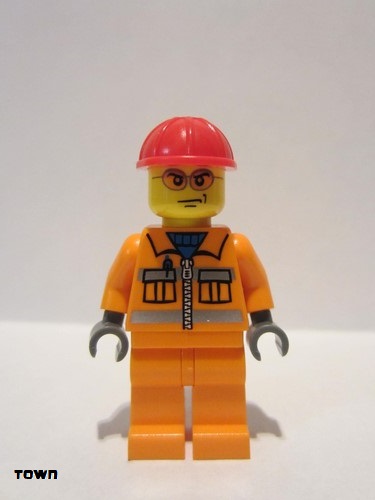 lego 2009 mini figurine cty0132 Construction Worker Orange Zipper, Safety Stripes, Orange Arms, Orange Legs, Red Construction Helmet, Orange Glasse 