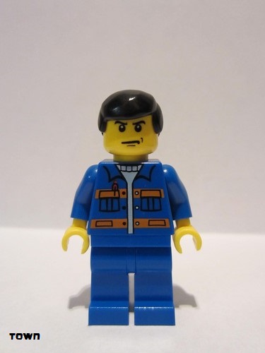 lego 2009 mini figurine cty0139 Citizen Blue Jacket with Pockets and Orange Stripes, Blue Legs, Black Male Hair 