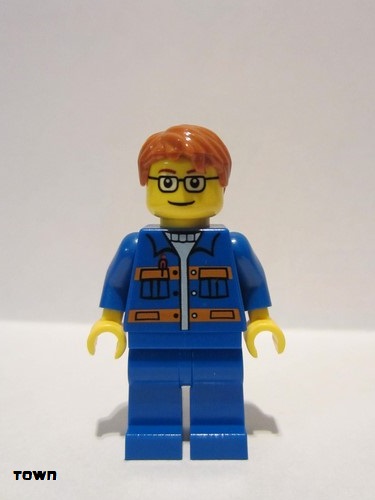 lego 2009 mini figurine cty0140 Citizen Blue Jacket with Pockets and Orange Stripes, Blue Legs, Dark Orange Short Tousled Hair, Glasses 