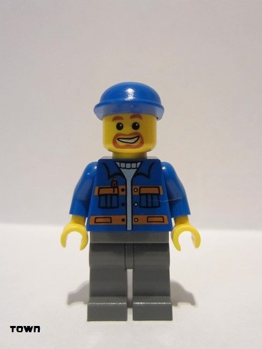 lego 2009 mini figurine cty0141 Citizen Blue Jacket with Pockets and Orange Stripes, Dark Bluish Gray Legs, Blue Cap, Beard around Mouth 