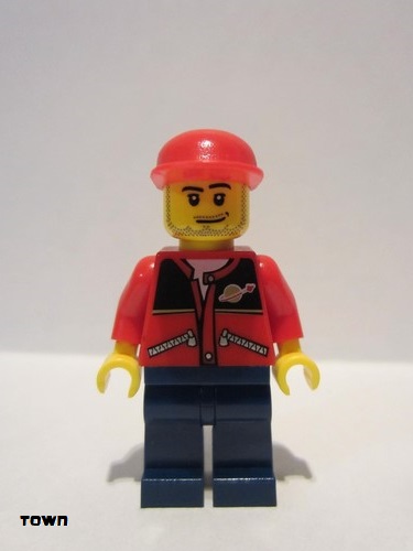 lego 2009 mini figurine cty0142 Citizen Red Jacket with Zipper Pockets and Classic Space Logo, Dark Blue Legs, Red Cap 