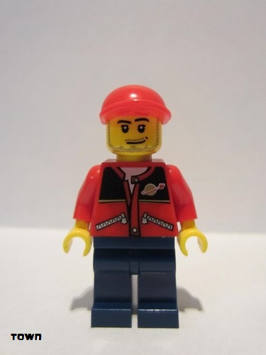 lego 2009 mini figurine cty0142a Citizen Red Jacket with Zipper Pockets and Classic Space Logo, Dark Blue Legs, Red Short Bill Cap 