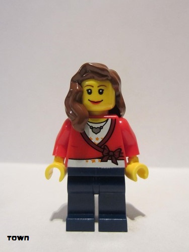 lego 2009 mini figurine cty0143 Citizen Sweater Cropped with Bow, Heart Necklace, Dark Blue Legs, Reddish Brown Female Hair over Shoulder 