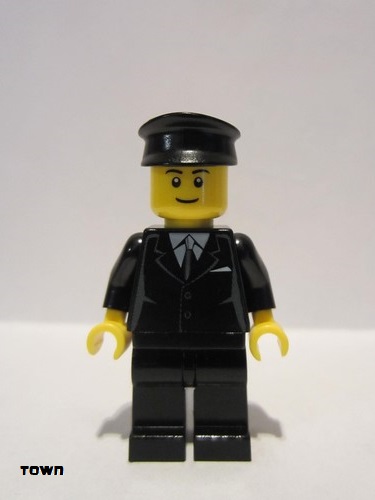 lego 2009 mini figurine cty0145a Citizen Suit Black, Black Police Hat, Black Eyebrows, Thin Grin 