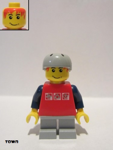 lego 2009 mini figurine cty0147 Skateboarder Red Shirt with Silver Logos, Dark Blue Arms, Light Bluish Gray Short Legs, Male Messy Red Hair 