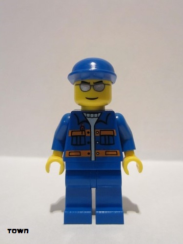 lego 2009 mini figurine cty0148 Citizen Blue Jacket with Pockets and Orange Stripes, Blue Legs, Blue Cap, Silver Sunglasses, Eyebrows and Thin Grin 
