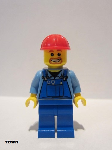 lego 2009 mini figurine cty0159 Citizen Overalls with Tools in Pocket Blue, Red Construction Helmet, Beard around Mouth 