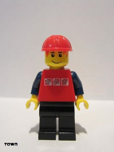 lego 2009 mini figurine cty0244 Citizen Red Shirt with 3 Silver Logos, Dark Blue Arms, Black Legs, Messy Red Hair, Red Construction Helmet 