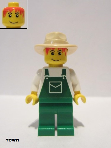 lego 2009 mini figurine ovr036 Farmer Overalls Green with Pocket, Green Legs, Tan Fedora 
