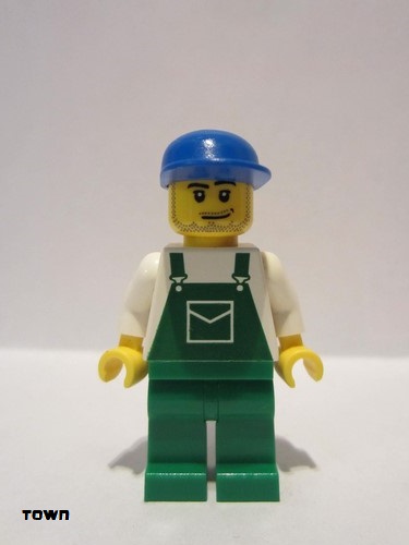 lego 2009 mini figurine ovr037 Citizen Overalls Green with Pocket, Green Legs, Blue Cap with Long Flat Bill, Smirk and Stubble Beard 