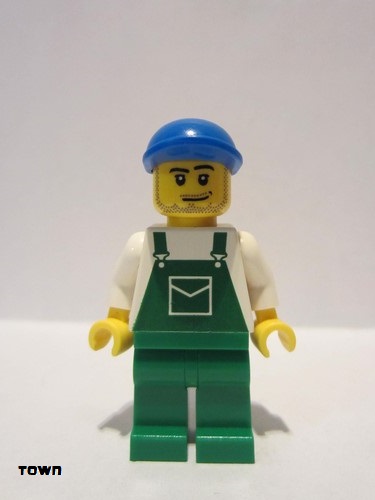 lego 2009 mini figurine ovr037a Citizen Overalls Green with Pocket, Green Legs, Blue Cap with Short Curved Bill, Smirk and Stubble Beard 