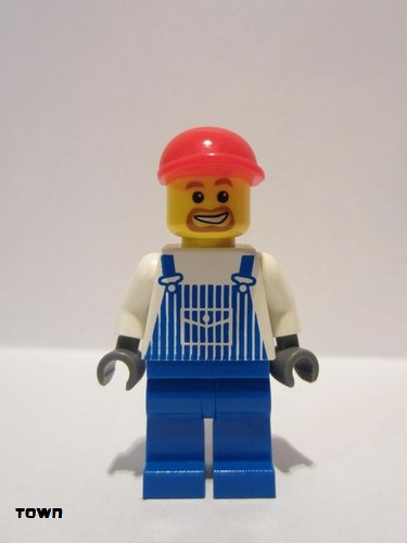 lego 2009 mini figurine ovr038 Citizen Overalls Striped Blue with Pocket, Blue Legs, Red Short Bill Cap, Beard around Mouth 