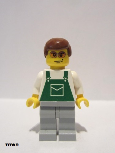 lego 2009 mini figurine ovr041 Citizen Overalls Green with Pocket, Light Bluish Gray Legs, Orange Sunglasses, Reddish Brown Hair 
