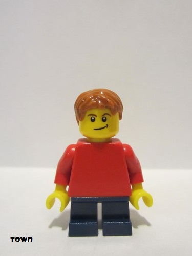 lego 2009 mini figurine pln160 Citizen Plain Red Torso with Red Arms, Dark Blue Short Legs, Lopsided Smile (Child) 