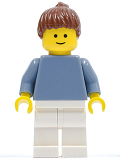 lego 2009 mini figurine pln161 Citizen Plain Sand Blue Torso with Sand Blue Arms, White Legs, Reddish Brown Hair with Ponytail 