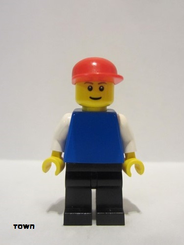 lego 2009 mini figurine pln162 Citizen Plain Blue Torso with White Arms, Black Legs, Red Cap, Brown Eyebrows, Thin Grin 
