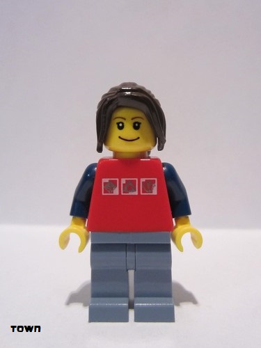 lego 2009 mini figurine twn051 Citizen Red Shirt with 3 Silver Logos, Dark Blue Arms, Sand Blue Legs, Dark Brown Hair Ponytail Long with Side Bangs 