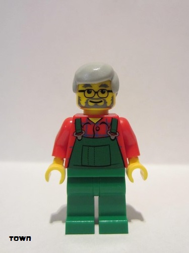 lego 2009 mini figurine twn055 Farmer Overalls Farmer Green, Light Bluish Gray Hair, Glasses 