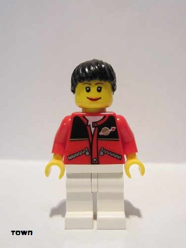 lego 2009 mini figurine twn056 Citizen Red Jacket with Zipper Pockets and Classic Space Logo, White Legs, Black Female Ponytail Hair, Brown Eyebrows 
