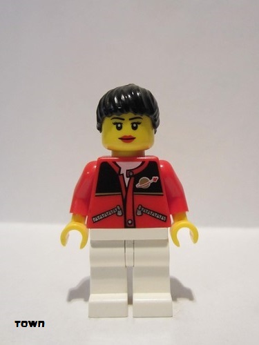 lego 2009 mini figurine twn056a Citizen Red Jacket with Zipper Pockets and Classic Space Logo, White Legs, Black Female Ponytail Hair, Black Eyebrows 
