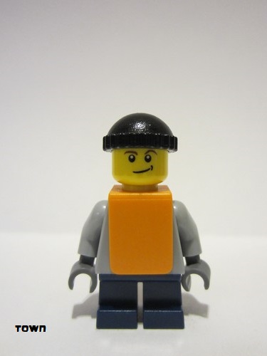 lego 2009 mini figurine twn059 Citizen Plain Light Bluish Gray Torso, Dark Blue Short Legs, Knit Cap, Orange Vest 