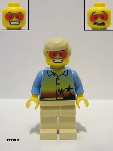 lego 2009 mini figurine twn077 Citizen Sunset and Palm Trees - Tan Legs, Red Glasses, Tan Male Hair 
