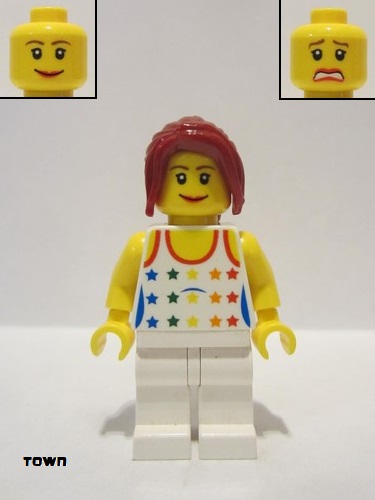 lego 2009 mini figurine twn078 Citizen Shirt with Female Rainbow Stars Pattern, White Legs, Dark Red Hair Ponytail Long with Side Bangs 