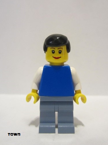 lego 2009 mini figurine twn083 Citizen Plain Blue Torso with White Arms, Sand Blue Legs, Black Male Hair, Lipstick 