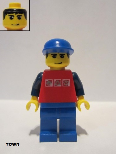 lego 2009 mini figurine twn084 Citizen Red Shirt with 3 Silver Logos, Dark Blue Arms, Blue Legs, Blue Cap 