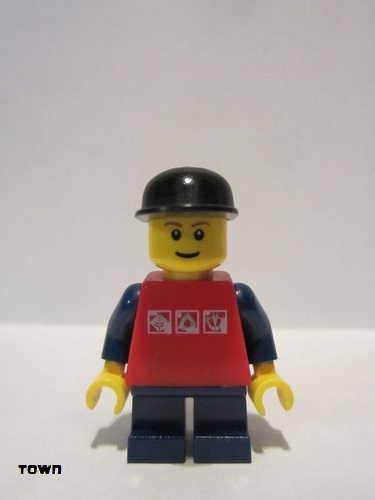 lego 2009 mini figurine twn085 Citizen Red Shirt with 3 Silver Logos, Dark Blue Arms, Dark Blue Short Legs, Black Cap 
