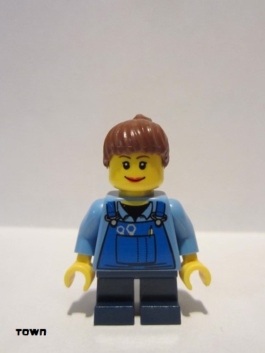 lego 2009 mini figurine twn086 Citizen Overalls with Tools in Pocket Blue, Reddish Brown Ponytail Hair, Lipstick, Dark Blue Short Legs 