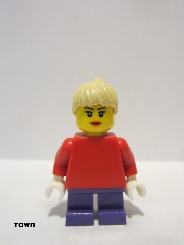 lego 2009 mini figurine twn090a Citizen Plain Red Torso with Red Arms, Dark Purple Short Legs, Tan Female Ponytail Hair, Black Eyebrows 