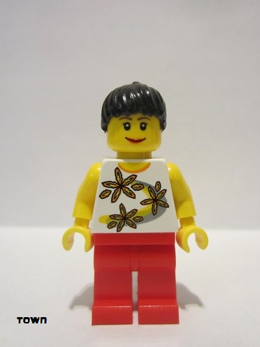 lego 2009 mini figurine twn094 Citizen Yellow Flowers - Black Ponytail Hair, Red Legs, Lipstick 
