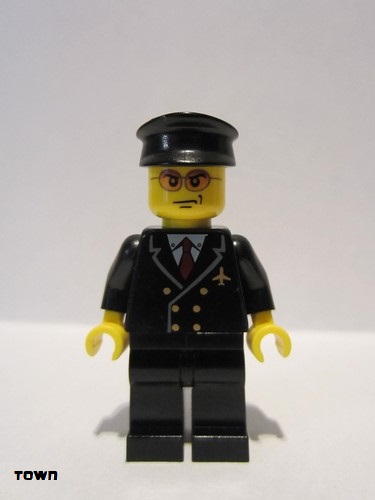 lego 2010 mini figurine air042 Airport - Pilot With Red Tie and 6 Buttons, Black Legs, Black Hat, Orange Sunglasses 